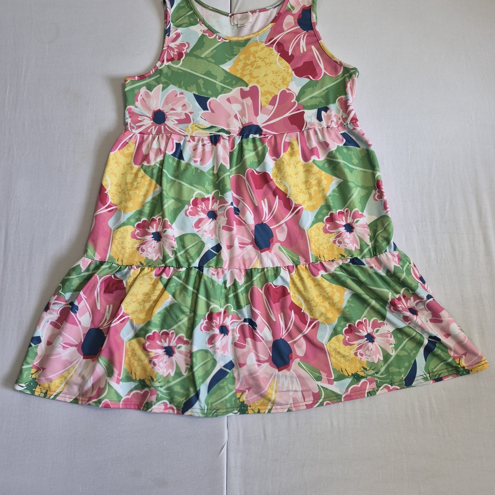 Girls Floral Tiered Tank Dress - Pink, Green & Yellow